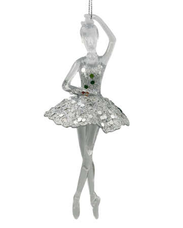 GLOBURI & FLORI DE BRAD - Ornament brad Craciun Balerina MYRA, Argintiu, 17cm
