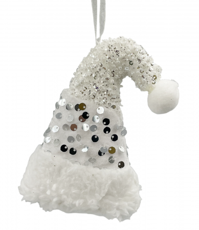 Colectia Alb & Argintiu - Ornament brad Craciun Caciulita FLUFFY, Alb, 12cm