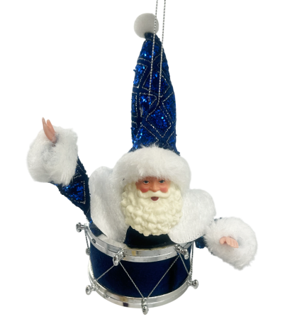 GLOBURI & FLORI DE BRAD - Ornament brad Mos Craciun pe toba JOY, Albastru, 7x10cm