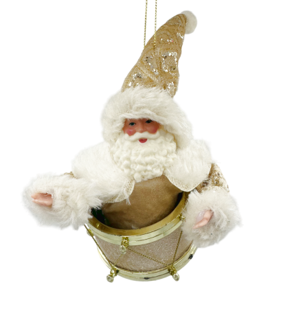 GLOBURI & FLORI DE BRAD - Ornament brad Mos Craciun pe toba JOY, Auriu, 7x10cm