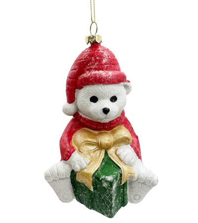 Globuri De Brad - Ornament brad Ursulet cu cadou TEDDY, Alb, 12.5cm