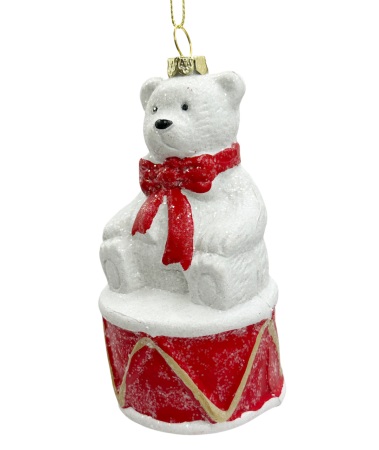 Globuri De Brad - Ornament brad Ursulet cu toba TEDDY, Alb, 12cm
