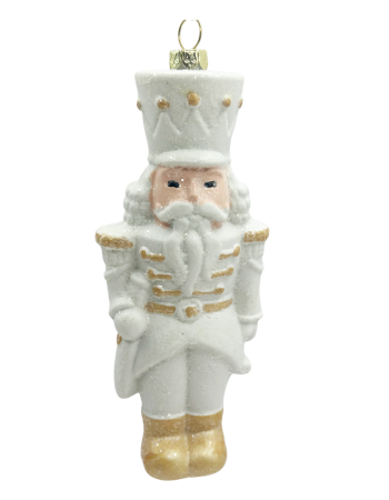 Colectia Alb & Argintiu - Glob decorațiune brad Craciun - Soldatel Alb auriu cu Sclipici