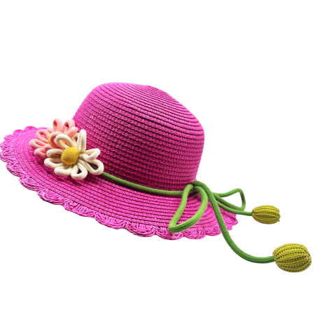 ACCESORII COPII - Palarie de paie BELLE pentru fetite, fucsia cu floare si snur verde