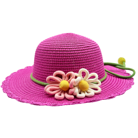 Palarie de paie BELLE pentru fetite, fucsia cu floare si snur verde [1]