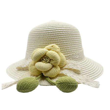 ACCESORII COPII - Palarie de paie MARISOL pentru fete, crem cu floare si dantela