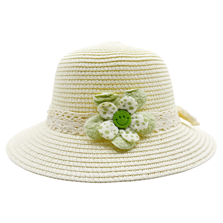 ACCESORII COPII - Palarie de paie MERIDA pentru fete, Crem cu floare si dantela