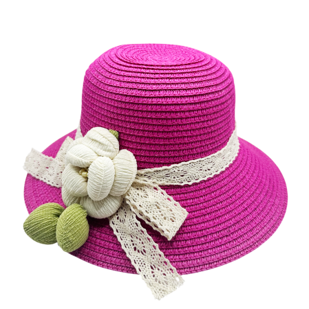 ACCESORII COPII - Palarie de paie MARISOL pentru fete, Fucsia cu floare si dantela