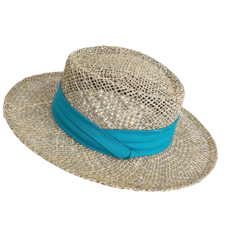 MODA & ACCESORII - Palarie de paie Panama GAMBLER, Bej cu panglica turcoaz