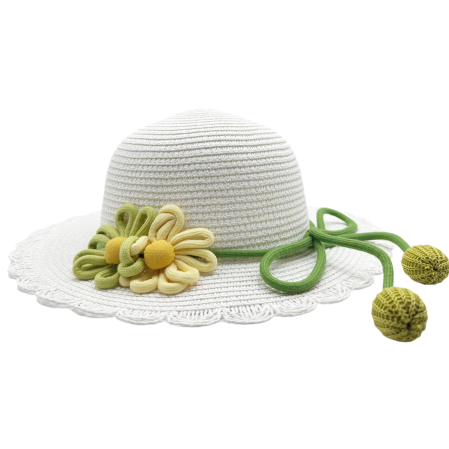 ACCESORII COPII - Palarie de paie BELLE pentru fetite, Alb cu floare si snur verde