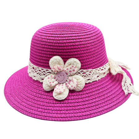 ACCESORII COPII - Palarie de paie MERIDA pentru fete, Fucsia cu floare si dantela