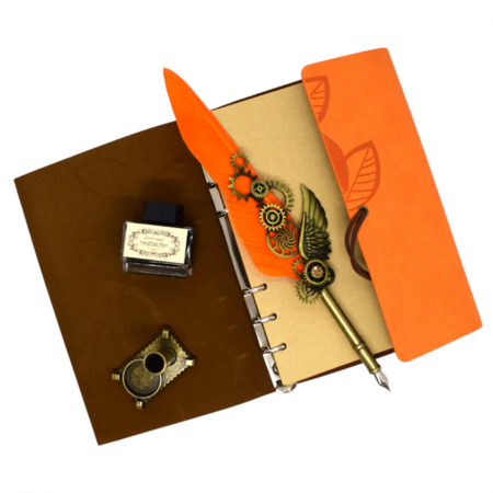 Set Agenda, Stilou vintage cu pana, Suport si Calimara ART, Portocaliu [1]