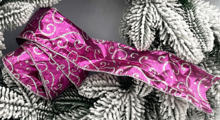 Panglica & Funde - Panglica decorativa Brad Craciun SHINNY, Magenta/ Argintiu, 6x525cm
