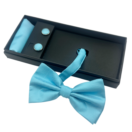 FASHION - Papion bleu turcoaz, MISTERY, Set cu butoni si batista