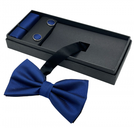 FASHION - Papion albastru inchis, OXFORD, Set cu butoni si batista