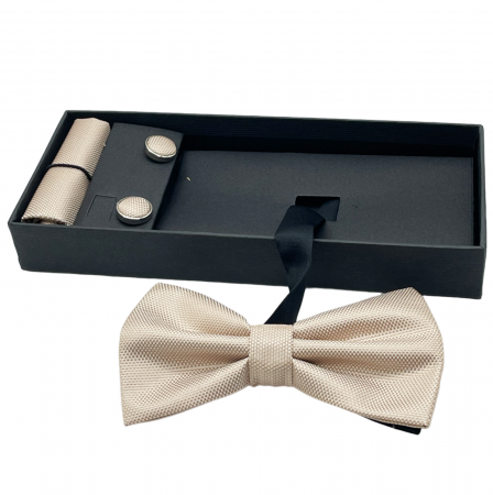 FASHION - Papion bej migdala, OXFORD, Set cu butoni si batista