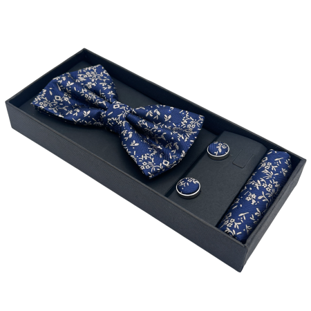 Papion bleumarin-bej cu model - Set cu butoni si batista [1]