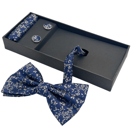 Papioane Cu Model - Papion bleumarin-bej cu model - Set cu butoni si batista