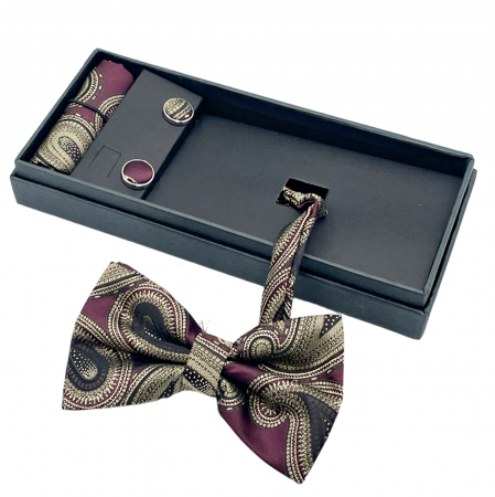 FASHION - Papion burgundy cu model, ALAN, Set cu butoni si batista