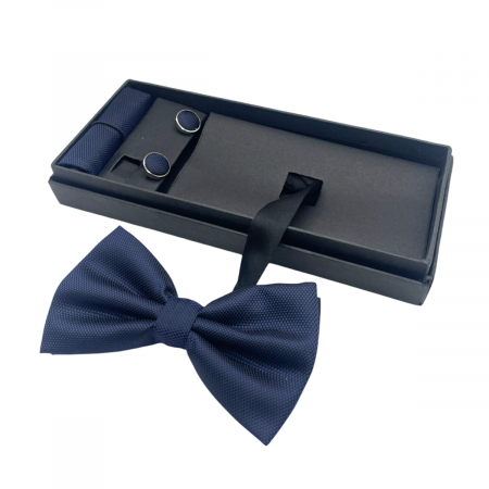 FASHION - Papion bleumarin inchis, OXFORD, Set cu butoni si batista