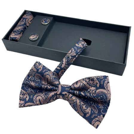 Papion bleumarin-roz cu model, FRANCIS, Set cu butoni si batista