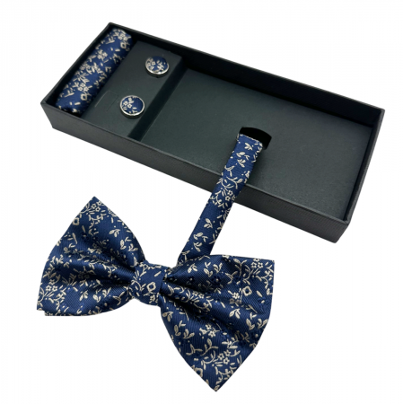 FASHION - Papion bleumarin-bej cu model, WILLY, Set cu butoni si batista