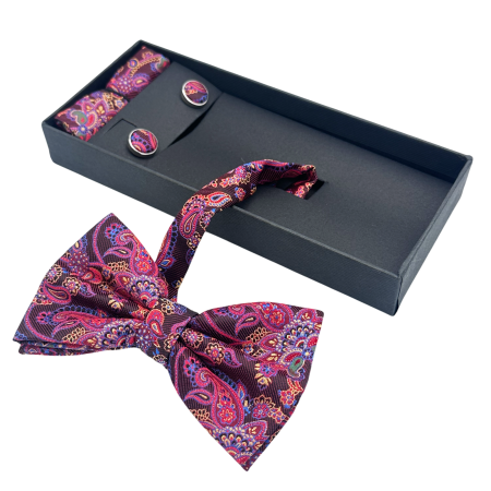 Papioane Cu Model - Papion burgundy cu model, RUBY ORIENT, Set cu butoni si batista