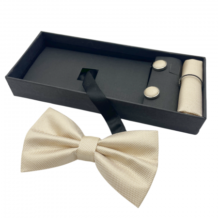FASHION - Papion crem, OXFORD, Set cu butoni si batista