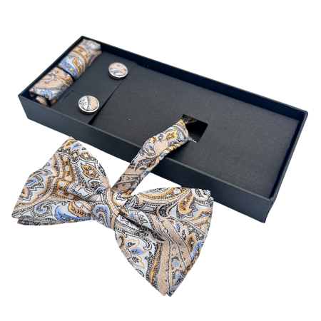 Papioane Cu Model - Papion gri-bleu cu model, ARMIN, Set cu butoni si batista