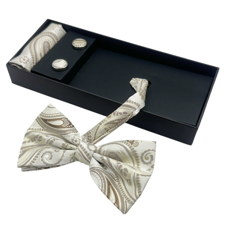 Papioane Cu Model - Papion crem cu model paisley DEXTER - Set cu batista si butoni