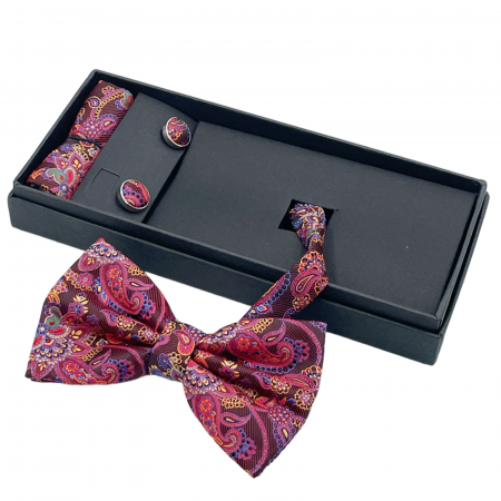 FASHION - Papion burgundy cu model, HUGO, Set cu butoni si batista