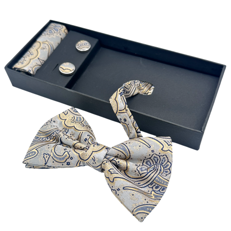 Papioane Cu Model - Papion gri-auriu cu model, REGENCY, Set cu butoni si batista