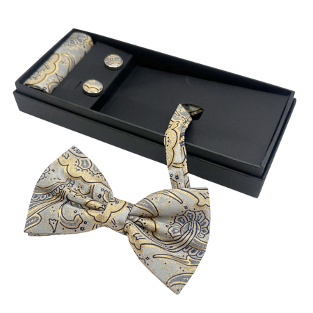 MODA & ACCESORII - Papion gri-auriu cu model, REGENCY, Set cu butoni si batista
