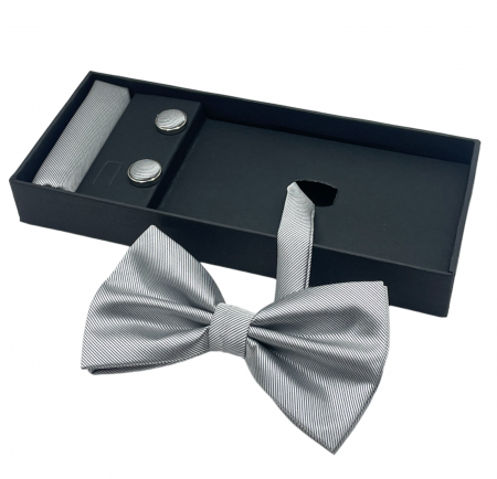 FASHION - Papion gri deschis, MISTERY, Set cu butoni si batista