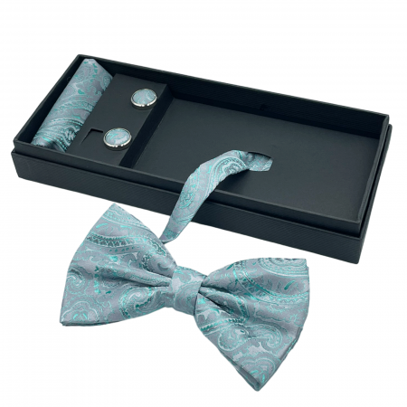 FASHION - Papion gri-verde menta cu model, DEXTER, Set cu butoni si batista