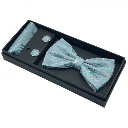 Papion gri-verde menta cu model, DEXTER, Set cu butoni si batista [2]