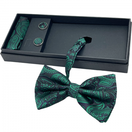 Cravate & Bretele & Papioane Craciun - Papion negru-verde cu model, ELTON, Set cu butoni si batista