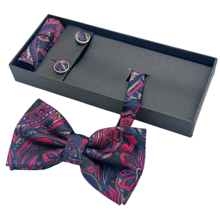 Papioane Cu Model - Papion negru-rosu cu model ROYAL, Set cu butoni si batista