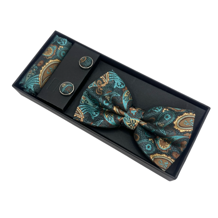 Papion turcoaz cu model paisley, IMPERIAL, Set cu butoni si batista [2]
