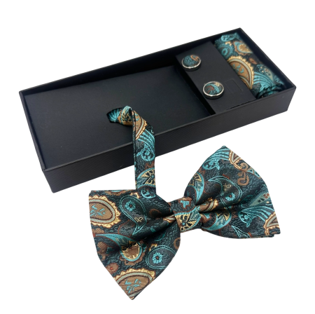 MODA & ACCESORII - Papion turcoaz cu model paisley, IMPERIAL, Set cu butoni si batista
