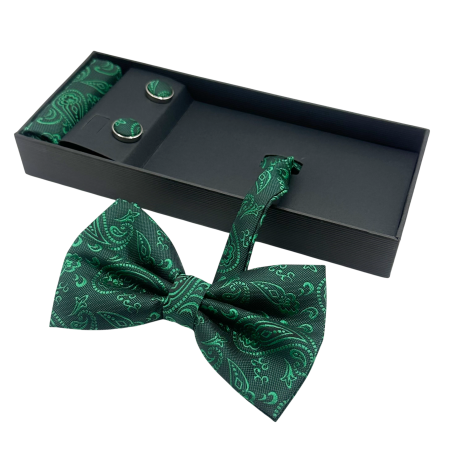 Papioane Cu Model - Set Papion verde Emerald Paisley cu Butoni si Batista