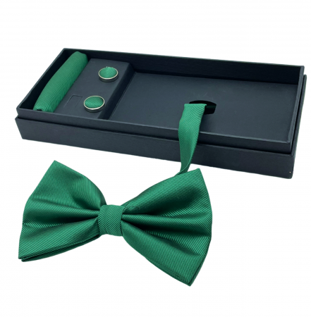 FASHION - Papion verde, MISTERY, Set cu butoni si batista