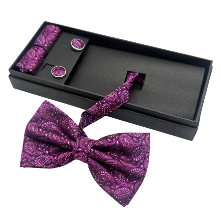 MODA & ACCESORII - Papion violet cu model paisley, ROYAL, Set cu butoni si batista