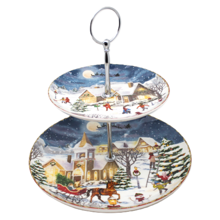 Platouri & Tavi - Platou prajituri – Model Peisaj de Iarna SEASON, 2 niveluri, Portelan