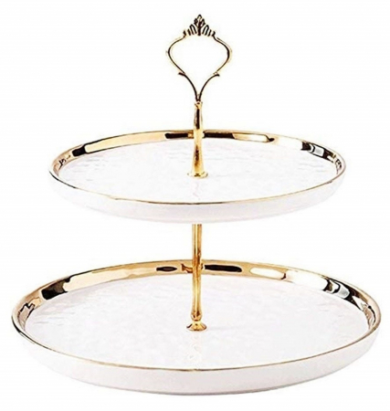 Fructiere & Cosuri Decorative - Suport pentru prajituri ROYAL, Alb/ Auriu, 2 niveluri, Portelan
