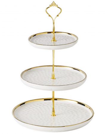 Fructiere & Cosuri Decorative - Suport pentru prajituri ROYAL, Alb/ Auriu, 3 niveluri, Portelan