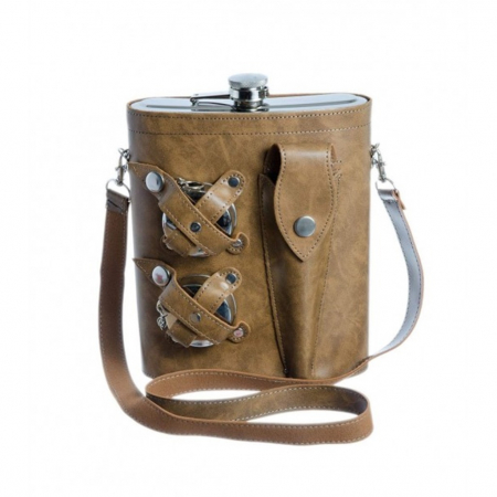Pahare si Accesorii Bar - Set Plosca inox cu 2 Pahare si Tacamuri CAMEL, 1500ml, Husa maro