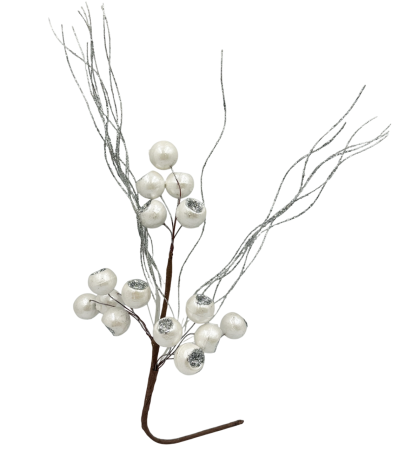 Colectia Alb & Argintiu - Ramură decorativă alb-argintie cu bobițe și sclipici PEARL