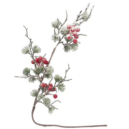 Flori Artificiale - Ramură decorativă cu bobițe roșii  si ace verzi ninse BRIGHT, 70cm