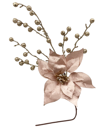 GLOBURI & FLORI DE BRAD - Ramura decorativa cu bobite si craciunita NICOLE, Roz/ Sampanie, 18x50cm